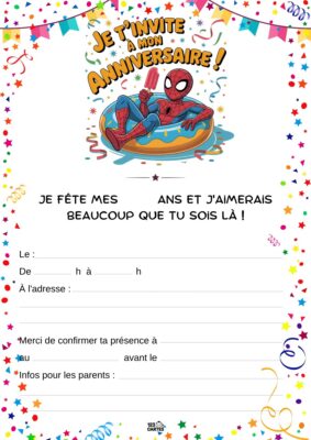 Invitation pour un anniversaire avec Spiderman, en maillot de bain sur une bouée, entouré de confettis et de petits drapeaux.