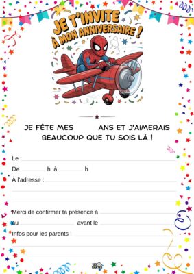 Invitation d'anniversaire avec Spider-Man volant dans un avion, entouré de confettis et d'étoiles festives.