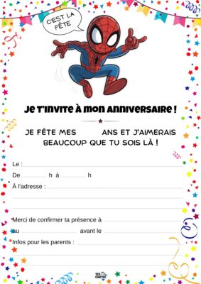 Invitation d'anniversaire avec Spiderman, héros en costume rouge et bleu, lançant sa toile, entouré de confettis festifs.
