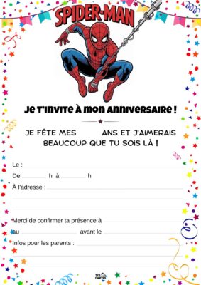 Invitation d'anniversaire avec Spider-Man en action, suspendu à une toile. Fond décoré de confettis et de motifs festifs.
