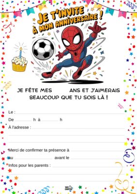 Invitation d'anniversaire avec Spiderman en action, tenant un ballon de football, entouré de confettis et d'un cupcake.