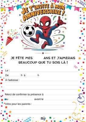 Invitation d'anniversaire avec Spider-Man en action, tenant un ballon de football, entouré de confettis et de motifs festifs.