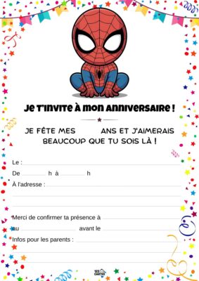 Invitation d'anniversaire représentant Spiderman en position accroupie, avec des éléments festifs autour et le texte d'invitation en haut.