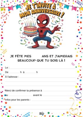 Invitation anniversaire avec Spiderman, personnage en costume rouge et bleu, tenant un gâteau entouré de confettis et de serpentins.