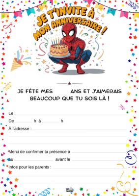 Invitation d'anniversaire avec Spiderman tenant un gâteau entouré de confettis et de ballons, invitant les amis à se joindre à la fête.