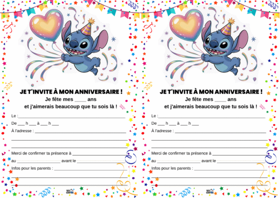 Invitation d'anniversaire avec Stitch portant un chapeau de fête, tenant des ballons et entouré d'étoiles colorées.