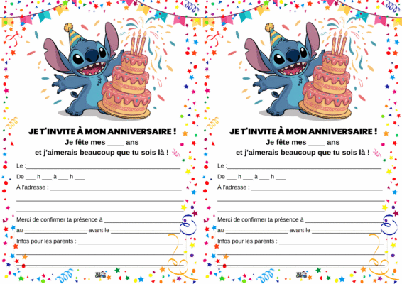 Invitation d'anniversaire avec Stitch, personnage joyeux tenant un gâteau à étages et entouré d'étoiles colorées et de confettis.