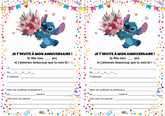 Invitation d'anniversaire avec Stitch tenant un bouquet de fleurs, entouré d'étoiles colorées et de confettis.