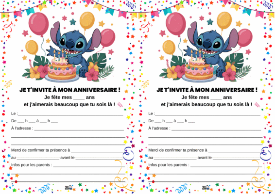 Invitation d'anniversaire colorée avec Stitch, des ballons et un gâteau, comprenant des espaces pour détails.