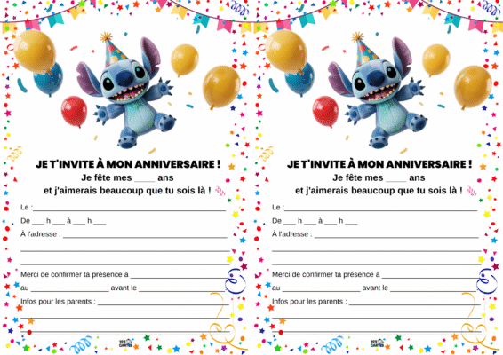 Invitation d'anniversaire au thème Stitch, avec des ballons et des confettis colorés, pour un enfant célébrant son anniversaire.