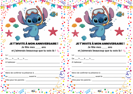 Invitation d'anniversaire sur le thème de Stitch, avec des éléments marins colorés et des espaces à remplir pour les détails.