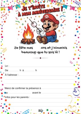 Invitation d'anniversaire avec Mario, portant une casquette rouge, devant un feu de camp, tenant une guimauve sur un bâton.