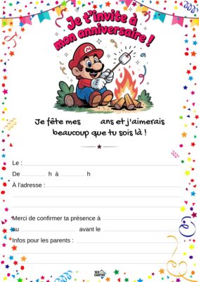 Invitation d'anniversaire avec Mario faisant un barbecue autour d'un feu de camp, entouré de confettis et de ballons joyeux.