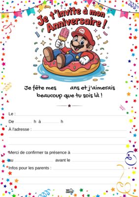 Invitation anniversaire avec Mario, en maillot de bain sur une bouée, coiffé d'une casquette rouge, entouré de confettis et d'un glaçon.