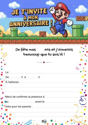 Invitation d'anniversaire avec Mario sautant, entouré de blocs et d'éléments du jeu, sur fond de ciel bleu et de décor festif.