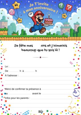 Invitation d'anniversaire avec Mario tenant un gâteau, entouré de blocs et de nuages, sur fond de paysage de jeu vidéo.