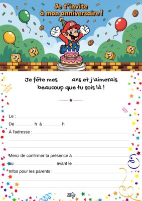 Invitation d'anniversaire avec Mario tenant un gâteau, entouré de ballons et de confettis, sur un fond de paysage ludique.
