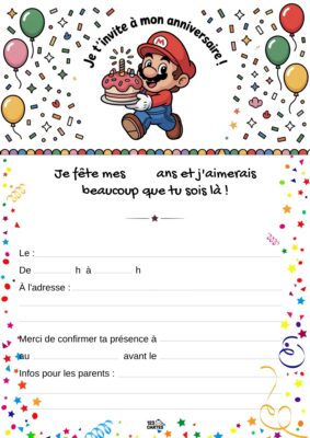 Invitation anniversaire avec Mario tenant un gâteau, entouré de ballons et de confettis.