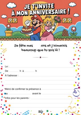 Invitation d'anniversaire avec Mario et la princesse Peach, tenant un gâteau. En arrière-plan, des blocs emblématiques et des nuages.