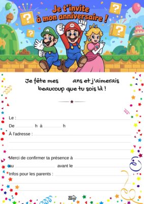 Invitation d'anniversaire avec Mario, Luigi et la princesse Peach en arrière-plan, entourés de ballons et de blocs mystères.