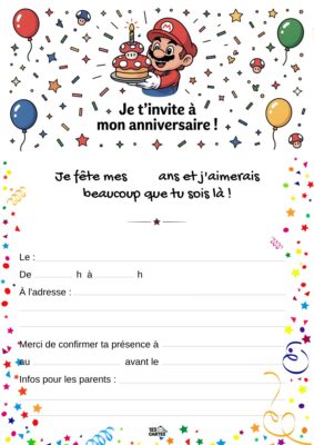Invitation d'anniversaire avec Mario tenant un gâteau, entouré de ballons et d'étoiles, annonçant une fête festive.