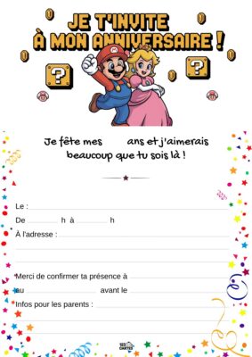 Invitation d'anniversaire avec Mario et la princesse Peach, entourés de symboles du jeu vidéo, comme des blocs et des pièces.