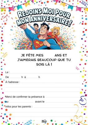 Invitation d'anniversaire avec Superman, entouré de confettis et d'un décor festif, invitant les amis à célébrer ensemble.