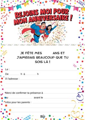 Invitation d'anniversaire avec Superman et son ami, volant ensemble au milieu de confettis et d'étoiles, exprimant la joie de célébrer.