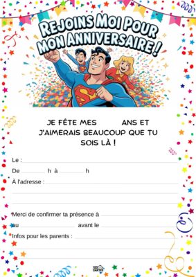Invitation anniversaire avec Superman et des confettis, entourée de ballons et d'étoiles. Texte joyeux invitant à célébrer ensemble.