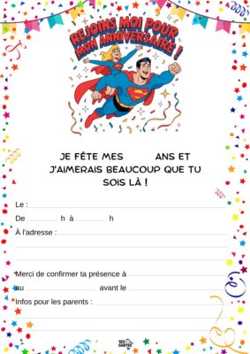 Invitation d'anniversaire avec Superman volant.