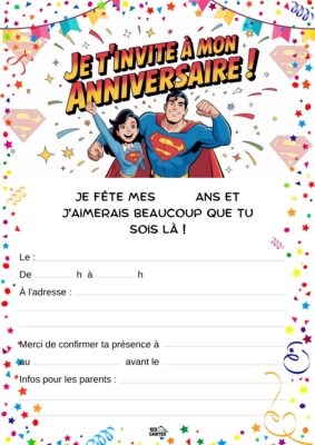 Invitation d'anniversaire avec Superman et Supergirl, entourés d'étoiles et de symboles en forme de cœur et de ballon.