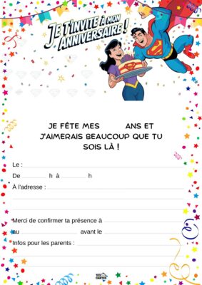Invitation d'anniversaire avec Superman et Super girl souriants, entourés d'étoiles et de confettis festifs pour célébrer.