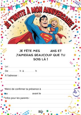 Invitation anniversaire avec Superman souriant, tenant une petite fille sur son dos, entouré d'étoiles et de ballons festifs.