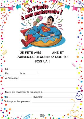 Invitation d'anniversaire avec Superman assis sur un donut, souriant et tenant une glace, entouré de confettis festifs.