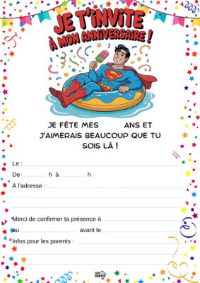 Invitation d'anniversaire avec Superman flottant sur une bouée, entouré de confettis et de ballons.