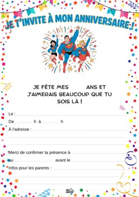 Invitation anniversaire avec Superman et ses amis en plein vol, entourés d'étoiles et de confettis, pour une célébration festive.