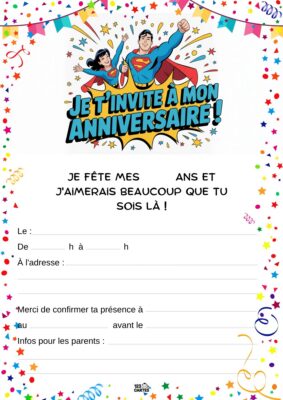 Invitation d'anniversaire avec Superman et Super Girl en action, entourés de confettis et de guirlandes festives.
