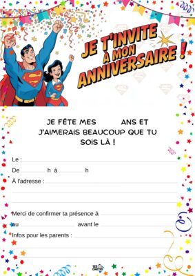 Invitation anniversaire avec Superman en costume, levant le poing, et une jeune fille à ses côtés. Décoré de confettis et d’étoiles.