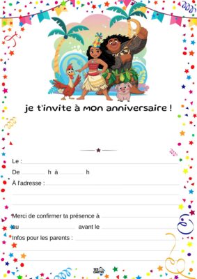 Invitation d'anniversaire avec Vaiana et Maui, entourés d'animaux et de palmiers, sur fond de mer et de fête.