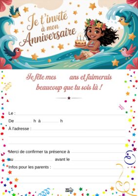 Invitation d'anniversaire avec Vaiana, entourée d'animaux marins et de vagues, tenant un gâteau. Fond festif avec des motifs joyeux.