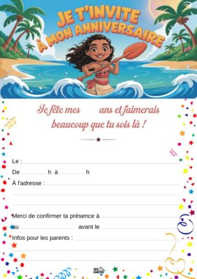 Invitation anniversaire avec Vaiana, personnage souriant tenant une pagaie, sur fond de mer et de palmiers. Étoiles et ballons en bas.