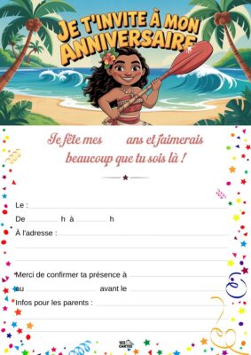 Invitation d'anniversaire avec Vaiana, une jeune fille hawaïenne tenant une pagaie, sur une plage entourée de palmiers et de mer.