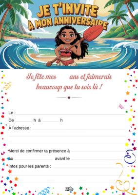 Invitation d'anniversaire représentant Vaiana sur une plage, entourée de palmiers et de vagues, avec un message d'invitation en haut.