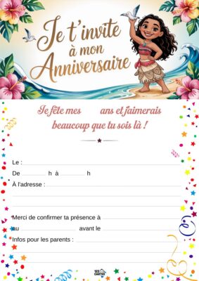 Invitation d'anniversaire avec Vaiana, entourée de fleurs et d'oiseaux, invitant à une célébration festive.