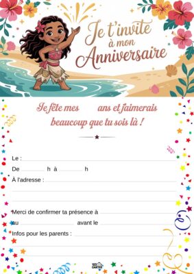 Invitation d'anniversaire avec Vaiana, une jeune fille souriante sur une plage, entourée de fleurs et d'étoiles festives.