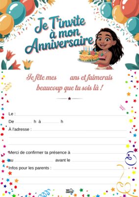 Invitation d'anniversaire représentant Vaiana avec des ballons et un gâteau, sur un fond festif.