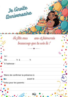 Invitation d'anniversaire avec Vaiana, entourée de ballons et d'un gâteau festif, invitant à célébrer un moment joyeux.