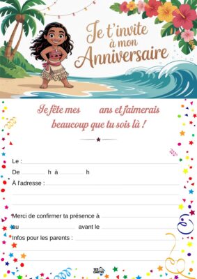 Invitation d'anniversaire avec Vaiana, entourée de fleurs tropicales et de vagues, exprimant une ambiance festive et joyeuse.