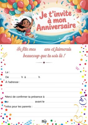 Invitation anniversaire représentant une jeune fille dans les vagues, tenant des ballons multicolores, avec des étoiles autour.