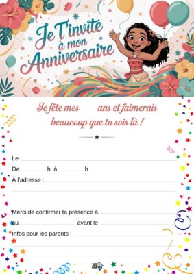 Invitation d'anniversaire représentant Vaiana, une jeune fille souriante avec des fleurs et des ballons en arrière-plan.